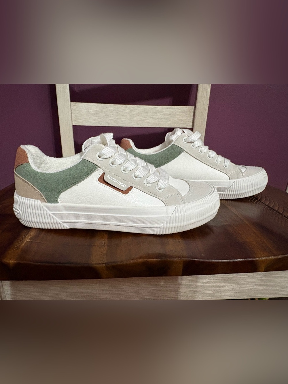Rocket Dog White Sneakers with Sage and Tan Accents